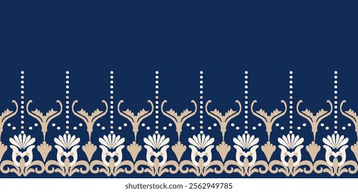 White and brown floral on blue background ikat tribal-style fabric pattern. Ethnic Ikat vector illustration seamless pattern. Ikat edge decoration for carpet, clothing, batik, saree, and motif.