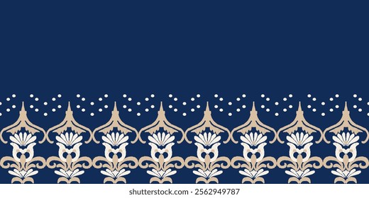 White and brown floral on blue background ikat tribal-style fabric pattern. Ethnic Ikat vector illustration seamless pattern. Ikat edge decoration for carpet, clothing, batik, saree, and motif.