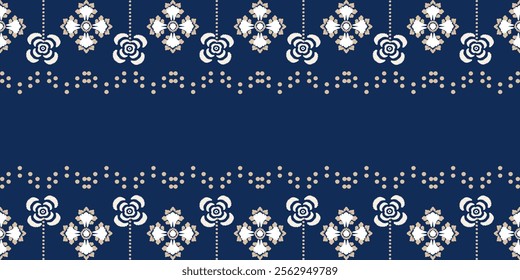 White and brown floral on blue background ikat tribal-style fabric pattern. Ethnic Ikat vector illustration seamless pattern. Ikat edge decoration for carpet, clothing, batik, saree, and motif.