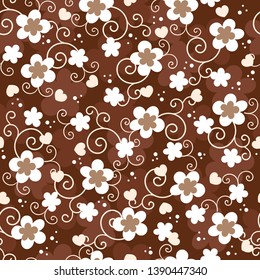 White and brown flowers with petals and hearts repeating pattern.use for templates,web,backgrounds,textile,prints,menus,holiday flyers,packaging and scrap booking