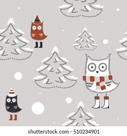 White, brown and gray vector owl with snow and spruce. Christmas background, New Year texture, vector design.