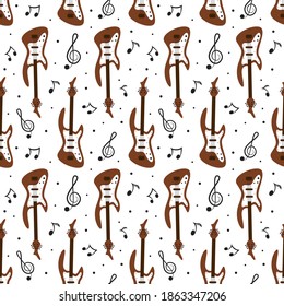 White and brown guitar contour seamless pattern. Vector illustration.