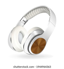 White and brown headphones isolated on white background, realistic vector illustration.