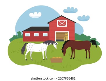 White and brown horses eat hay from a trough. Horses in the pasture next to the red farm. Horses near the stable. Vector flat illustration.