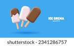 White and brown ice cream on a stick in chocolate glaze, 3 d. The concept of advertising and selling refreshing delicious ice cream on hot days on a blue background.
