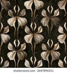 Iris blancs et marrons sur fond noir, lignes grunge motif ikat, motif ikat harmonieux, arrière-plan Illustration vectorielle pour imprimer le papier.