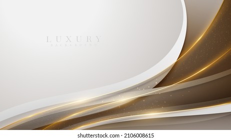 White and brown luxury background with golden curve line decoration and glitter light effect elements.