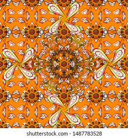 White, brown and orange hand drawn pattern. Art inspiwhite, brown and orange style flowers and leaves background. Doodle flowers seamless pattern. Vector pattern.