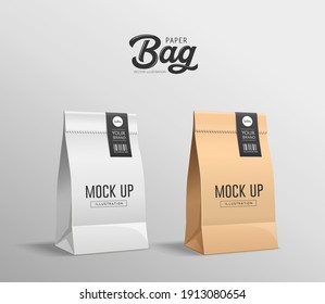 White and Brown Paper bag folded, mouth bag there are stickers, mock up collections design, on gray background Eps 10 vector illustration