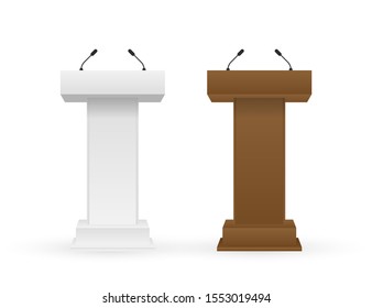 White and brown Podium Tribune Rostrum Stand with Microphones. Vector stock illustration.