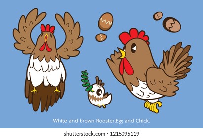 White and brown Rooster, Egg and Chick.