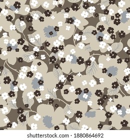 white and brown seamless small vector flowers pattern on background