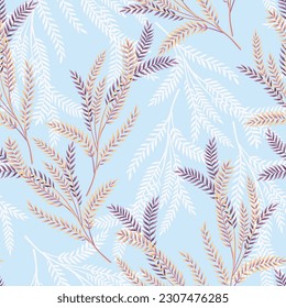 white and brown seamless vector small leaves pattern on blue background