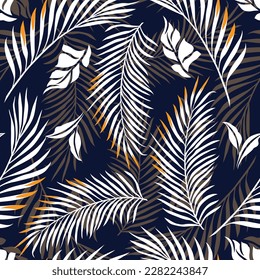 white and brown seamless vector stock leaf pattern on navy background