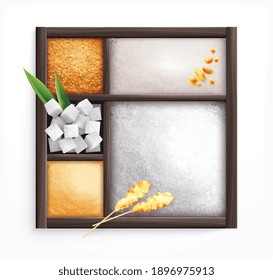 Azúcar blanco y marrón en caja con pilas y cubos ilustraciones vectoriales realistas