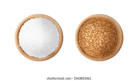 White and brown sugar in wooden bowls. Raw unrefined organic cane sugar piles top view vector illustration
