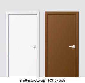 White and brown vector doors. Set of realistic wooden doors with chrome handles, isolated on a white background. Illustration of closed doors in a front view.