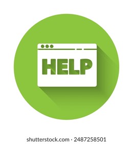 White Browser help icon isolated with long shadow. Internet communication protocol. Green circle button. Vector Illustration