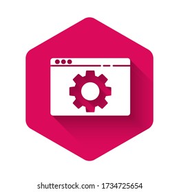 White Browser setting icon isolated with long shadow. Adjusting, service, maintenance, repair, fixing. Pink hexagon button. Vector Illustration