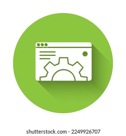 White Browser setting icon isolated with long shadow. Adjusting, service, maintenance, repair, fixing. Green circle button. Vector
