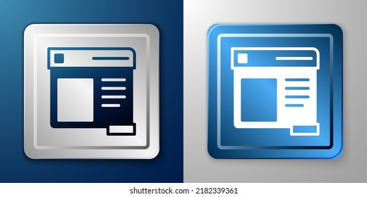 Icono de la ventana del navegador blanco aislado en fondo azul y gris. Botón cuadrado plateado y azul. Vector