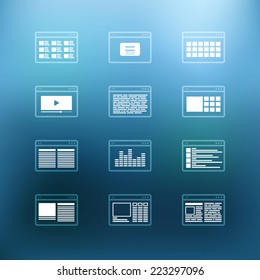 White browser windows clip-art on color background. Design elements