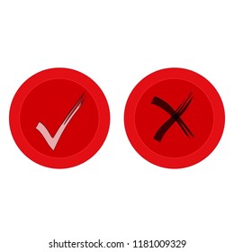 White Brush Check Marks on Round Red Buttons Original Vector Illustration. White tick and black cross check marks icons set.