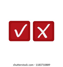 White Brush Check Marks on Square Red Buttons Original Vector Illustration. White tick and cross check marks icons set.