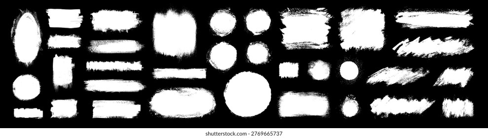 White brush paint strokes. Ink texture text box frames and label tags border lines. Vector Japanese calligraphy acrylic brushstrokes. Grunge smear smudges. Round and oval badge shape splatter ellipses