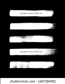 White Brush Painted Textured Stripes Set Isolated Vector Over Black Background. Contrast Stroke Set.