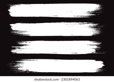 White brush stroke isolated on black background. Paint brush stroke vector for ink paint, grunge design element, dirt banner, watercolor design, dirty texture. Trendy brush stroke, vector illustration