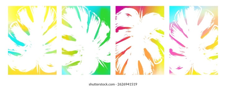 White brush stroke monstera leaf. Set of Summertime backgrounds with tropical leaves for Summer season creative graphic design. Vector illustration.