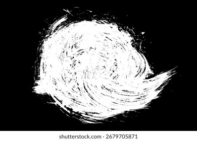 White brush stroke paint circle round grunge texture abstract background. Artistic hand drawn rough design element with dynamic swirl motion. Creative messy ink effect isolated on black