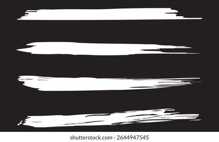 White brush stroke set isolated on black background. Trendy brush stroke vector for white ink paint, grunge backdrop, dirt banner, watercolor design and dirty texture. Brush stroke vector illustration