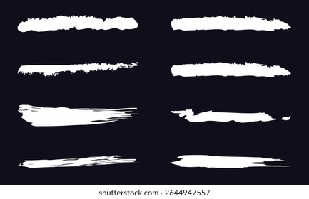 Traçado do pincel branco definido isolado no plano de fundo preto. Vetor de traçado de pincel moderno para tinta branca, fundo grunge, faixa de sujeira, design de aquarela e textura suja. Ilustração de vetor de traçado de pincel