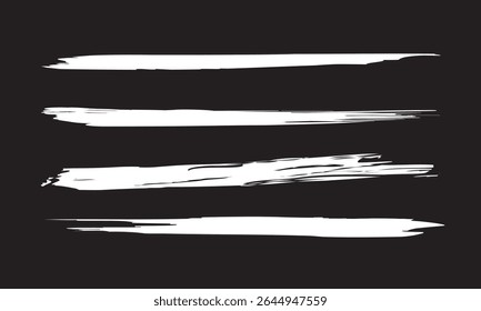 Traçado do pincel branco definido isolado no plano de fundo preto. Vetor de traçado de pincel moderno para tinta branca, fundo grunge, faixa de sujeira, design de aquarela e textura suja. Ilustração de vetor de traçado de pincel