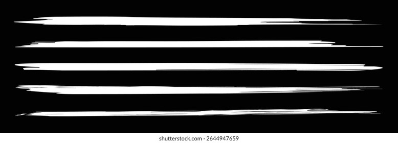 White brush stroke set isolated on black background. Trendy brush stroke vector for white ink paint, grunge backdrop, dirt banner, watercolor design and dirty texture. Brush stroke vector illustration