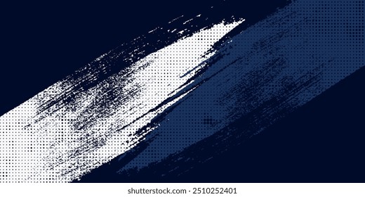 White brush strokes on a navy blue background illustration with a halftone effect Abstract grunge design element for a banner