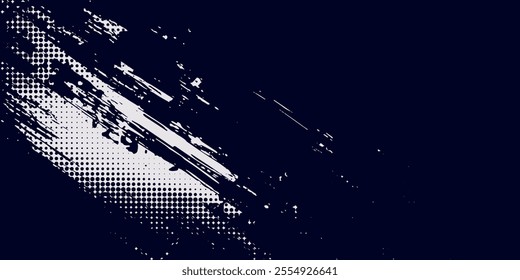 White brush strokes on a navy blue background illustration with a halftone effect Abstract grunge design element for a banner	