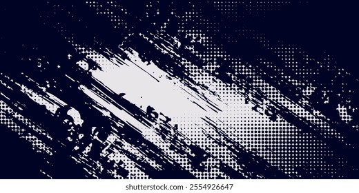 White brush strokes on a navy blue background illustration with a halftone effect Abstract grunge design element for a banner	