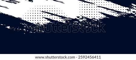 White brush strokes on a navy blue background illustration with a halftone effect Abstract grunge design element for a banner	
