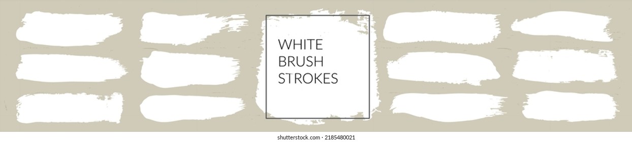 White Brush Strokes Vector Paintbrush Set, Grunge Streak Templates For Japanese Calligraphy With Line Border. Brushstroke Design Elements. Long Text Boxes. Dirty Distress Texture Banner Background