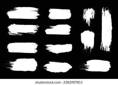 White Brush strokes. Vector paintbrush set. Grunge design elements. Rectangle text boxes. Dirty distress texture banners. Ink splatters. Grungy painted objects.