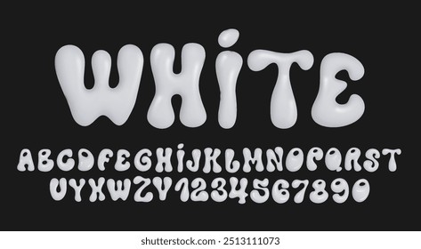 Fuente de burbuja blanca en estilo Y2K aislado. Letras y números del alfabeto Vector. Balloon 3D blanco Fuente de burbuja