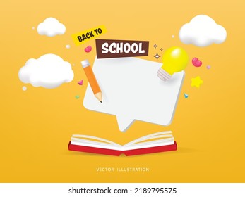 White bubble speech and pencil and lightbulb stationery school education background. Vector in 3d rendering style.