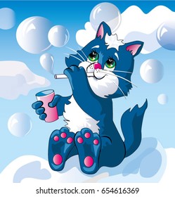 White bubbles.
A cat blowing soap bubbles sitting on the cloud with white clouds all around.