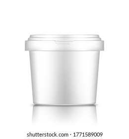 White bucket with cap mockup isolated from background: ice cream, yoghurt, paint, or putty container. Plastic package design. Blank food or decor product template. 3d vector illustration