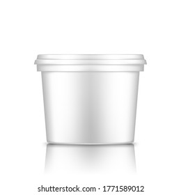 White bucket with cap mockup isolated from background: ice cream, yoghurt, paint, or putty container. Plastic package design. Blank food or decor product template. 3d vector illustration