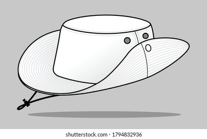 White Bucket Hat With Cord And Stopper Template on Gray Background, Vector File.