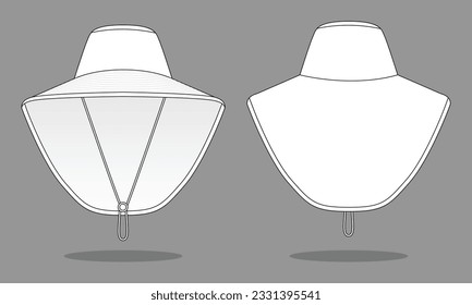 White bucket hat with cover neck protection template on gray background.Front and back view, vector file